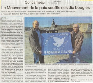 Le premier quotidien de France n'a pas manqué de souligner la présence du Mouvement de la Paix lors des cérémonies du 8 mai 2016 à Concarneau.